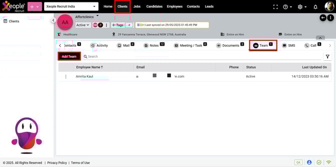Client Summary Page - Add Team