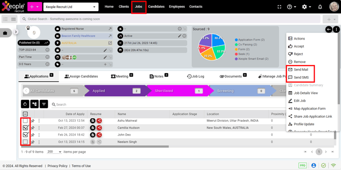 Job Summary Page - List View - Select Candidates - Send Mail or Send SMS