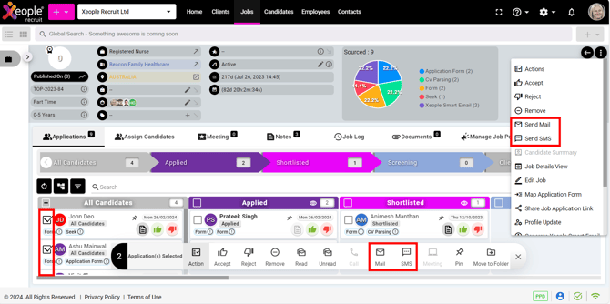 Job Summary Page - Grid View - Send Mail or Send SMS