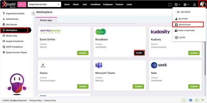 Administrator – Marketplace – Broadbean – Enable