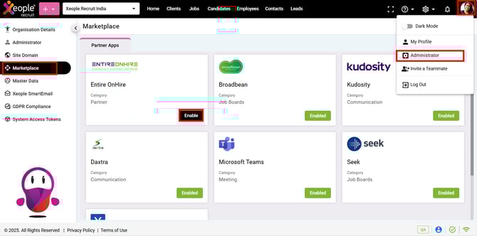 Administrator – Marketplace – EOH – Enable