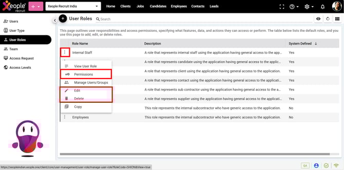 User Role - Configure Permissions/Edit/Delete 