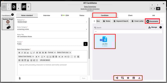 Actions - Candidate - Documents – Manage