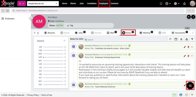 Employee Summary Page - Notes - Add New Note