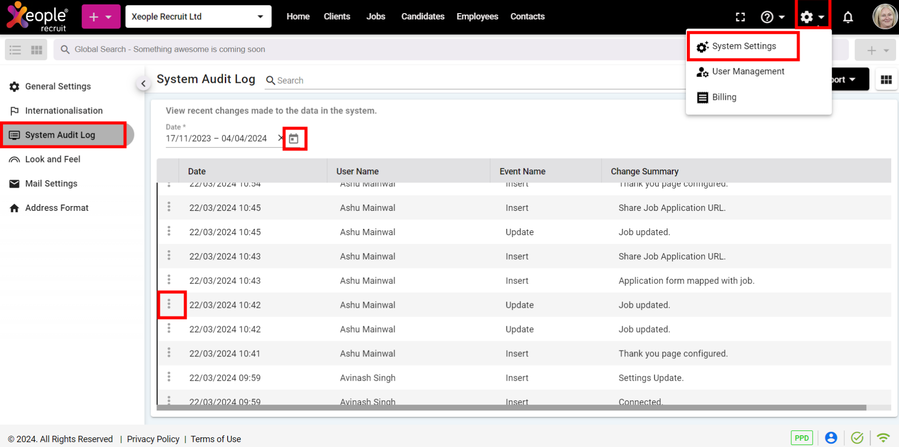 System Settings - Audit Log