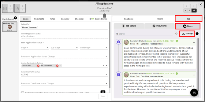 Actions - Job - Notes - Manage