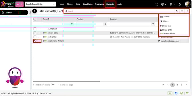 Contacts Landing Page - Actions to Perform