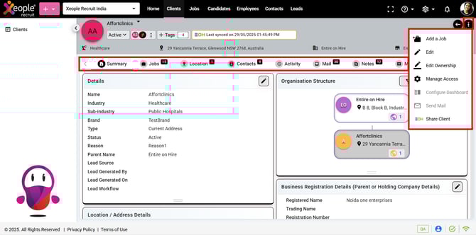 Client Summary Page - Actions 