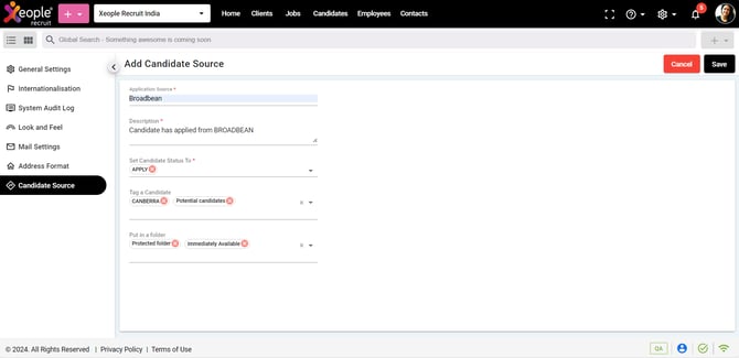 Settings – Candidate Source – Add Candidate Source